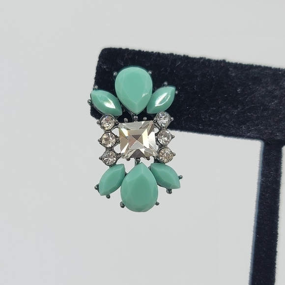 Mint Cabachon & Clear Crystal Earrings Hematite Tone Setting #1226 - Picture 6 of 11